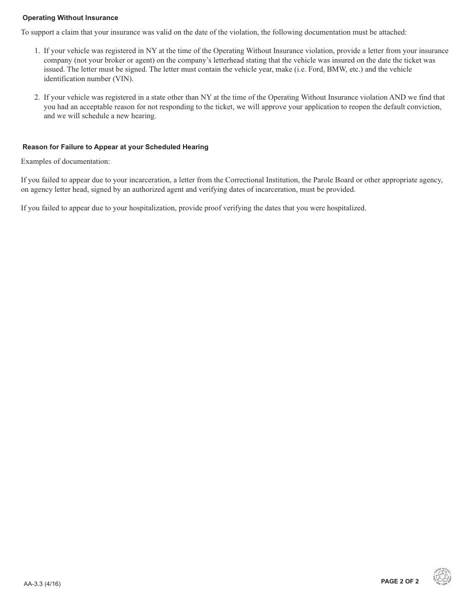 Form AA-3.3 Application to Reopen Default Conviction - New York, Page 2