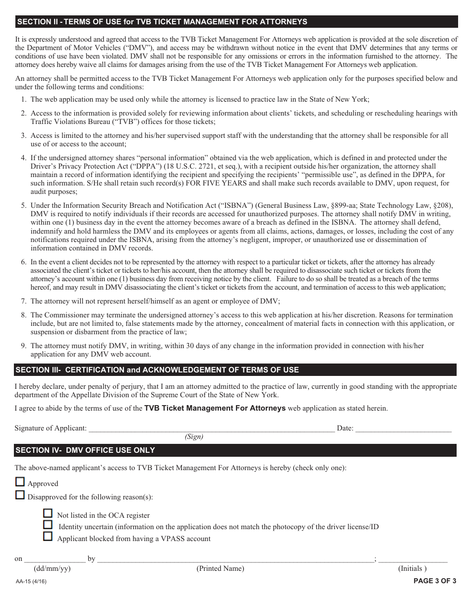 Form AA-15 Tvb Ticket Management for Attorneys Application for Web Access - New York, Page 3