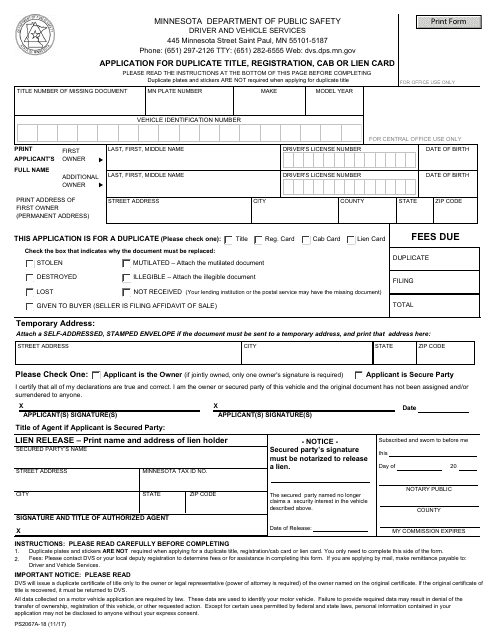 Form PS2067A-18 Application for Duplicate Title, Registration, Cab or Lien Card - Minnesota