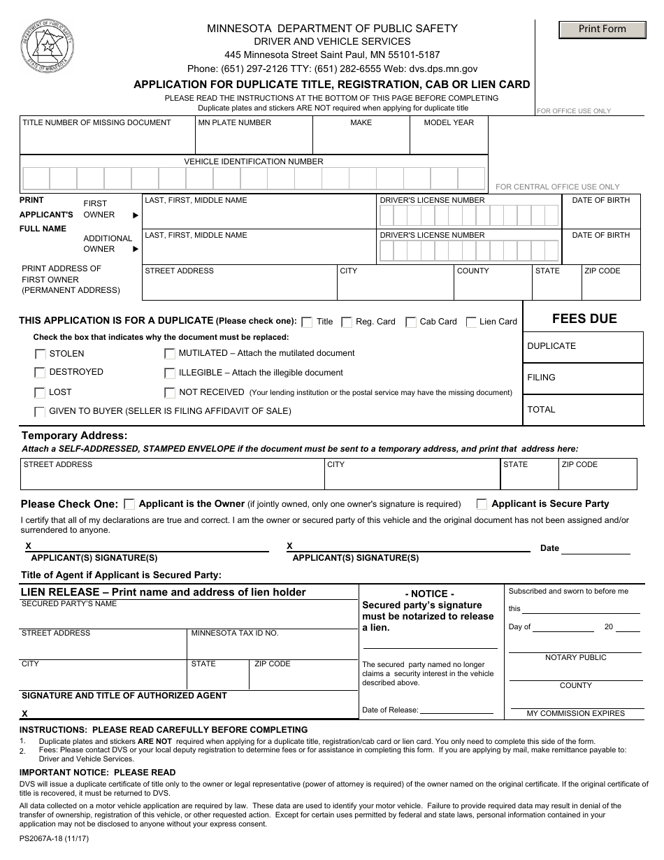 Form PS2067A-18 Application for Duplicate Title, Registration, Cab or Lien Card - Minnesota, Page 1