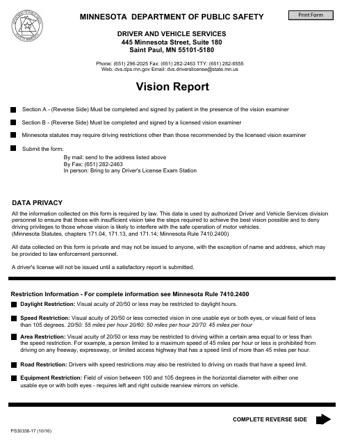 Form PS30338-17 Vision Report - Minnesota