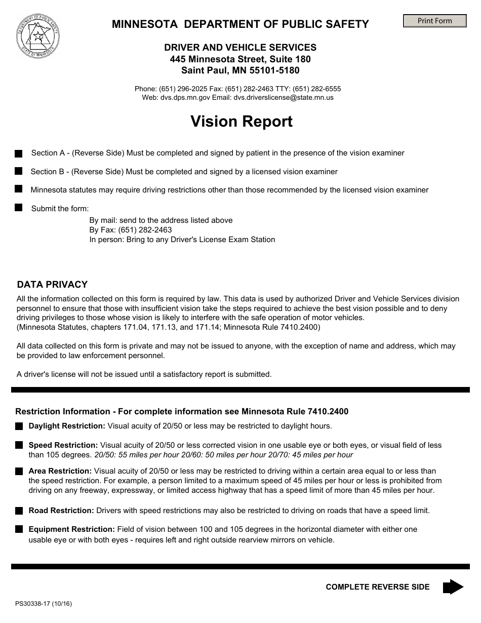 Form PS30338-17 Vision Report - Minnesota, Page 1
