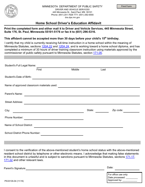 Form PS33135-04 Home School Driver's Education Affidavit - Minnesota