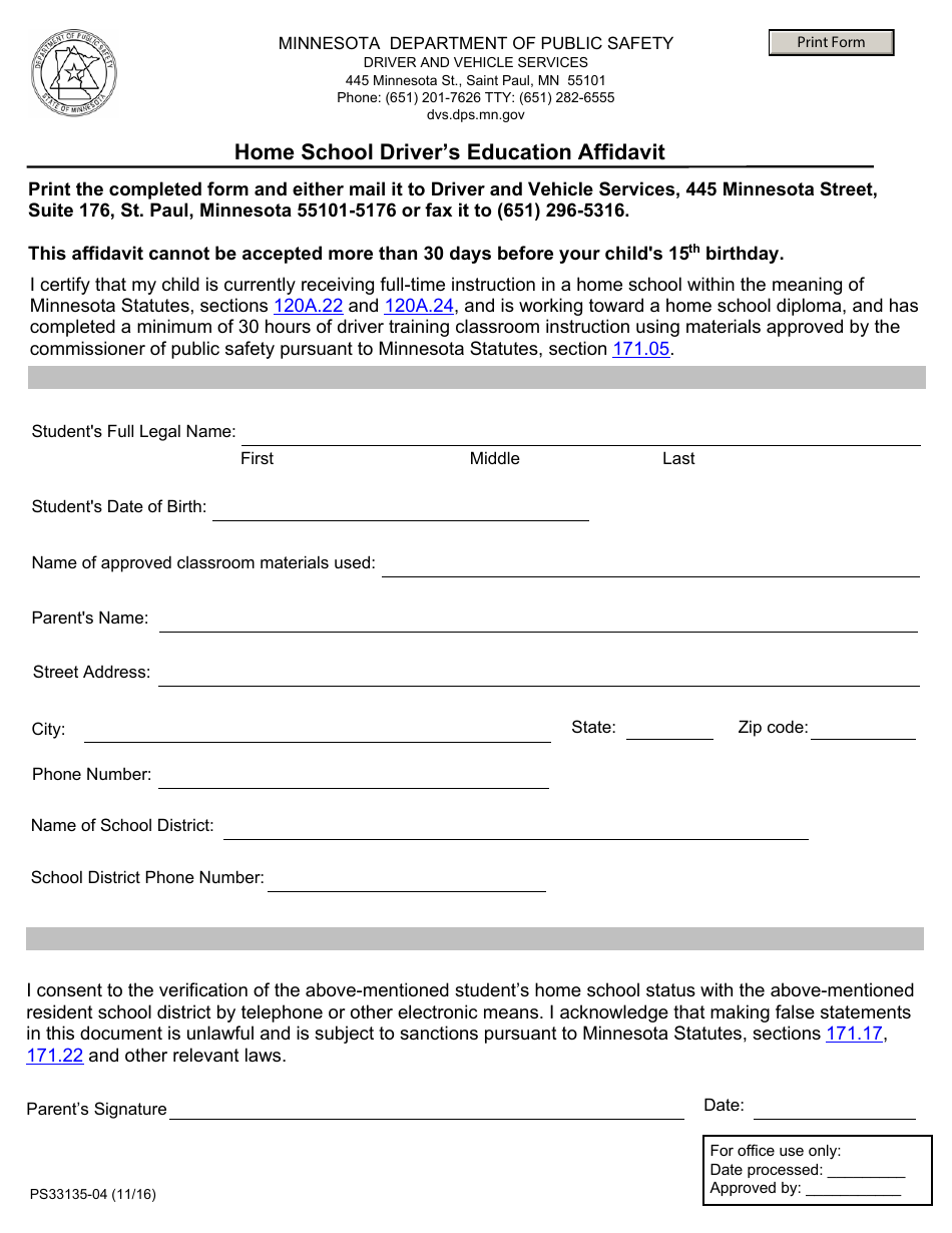 Form PS33135-04 Home School Drivers Education Affidavit - Minnesota, Page 1