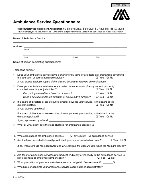 Ambulance Service Questionnaire - Minnesota Download Pdf