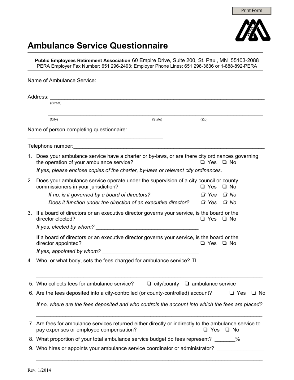 Ambulance Service Questionnaire - Minnesota, Page 1