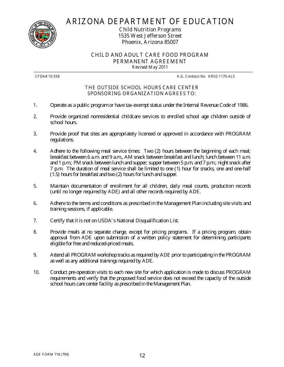 ADE Form 718 Child and Adult Care Food Program Permanent Agreement - Arizona, Page 12
