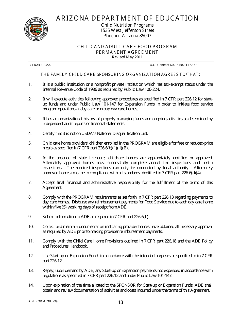 ADE Form 718 Child and Adult Care Food Program Permanent Agreement - Arizona, Page 13