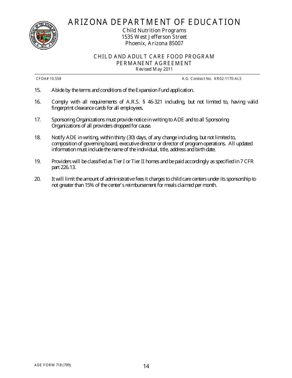 ADE Form 718 Child and Adult Care Food Program Permanent Agreement - Arizona, Page 14