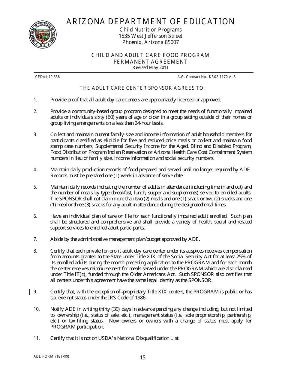 ADE Form 718 Child and Adult Care Food Program Permanent Agreement - Arizona, Page 15