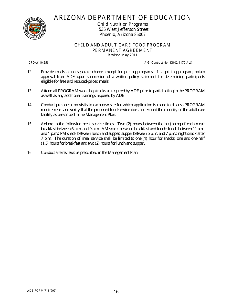 ADE Form 718 Child and Adult Care Food Program Permanent Agreement - Arizona, Page 16
