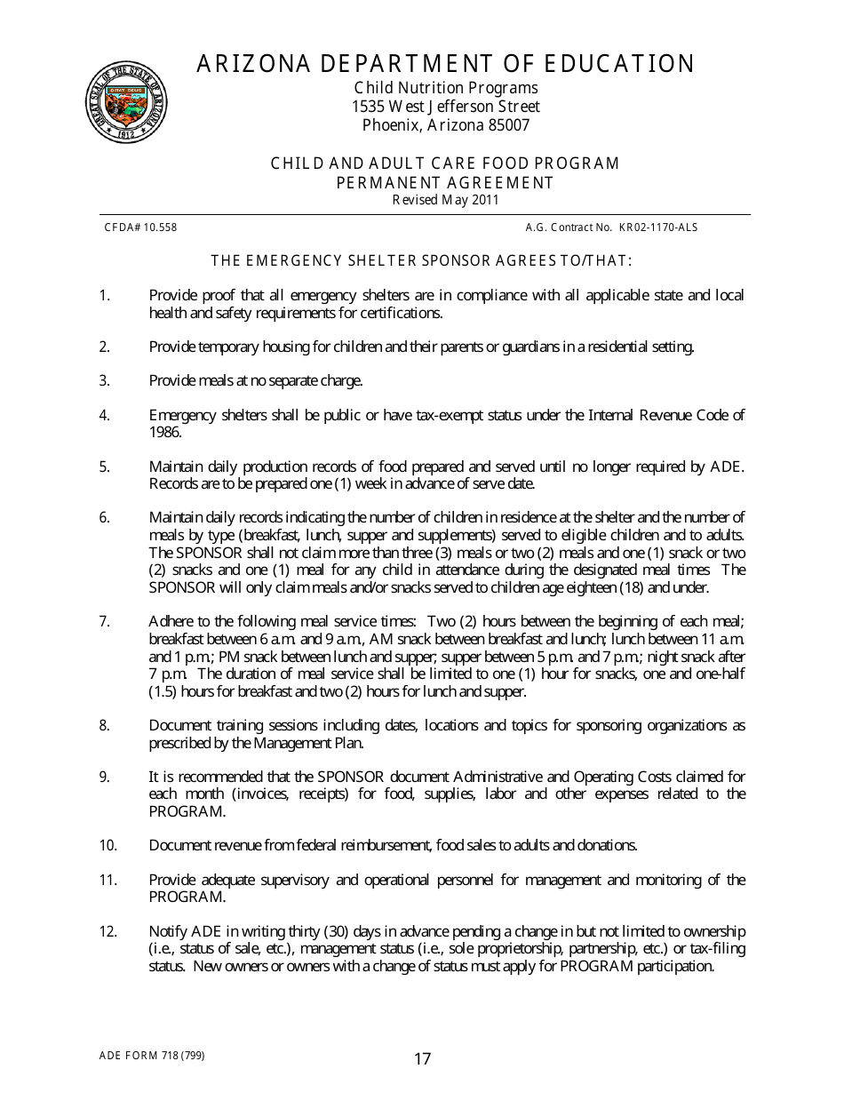 ADE Form 718 Child and Adult Care Food Program Permanent Agreement - Arizona, Page 17