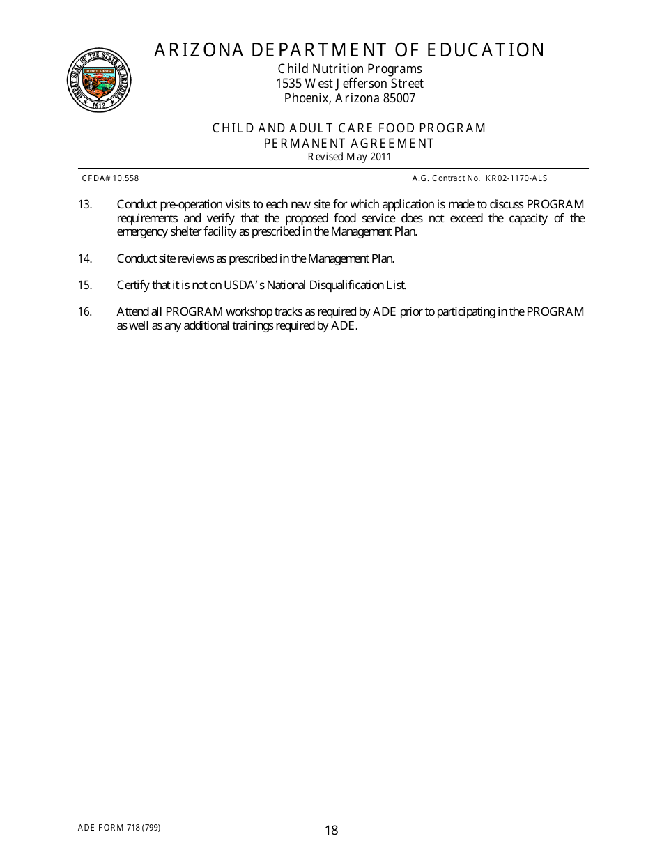 ADE Form 718 Child and Adult Care Food Program Permanent Agreement - Arizona, Page 18
