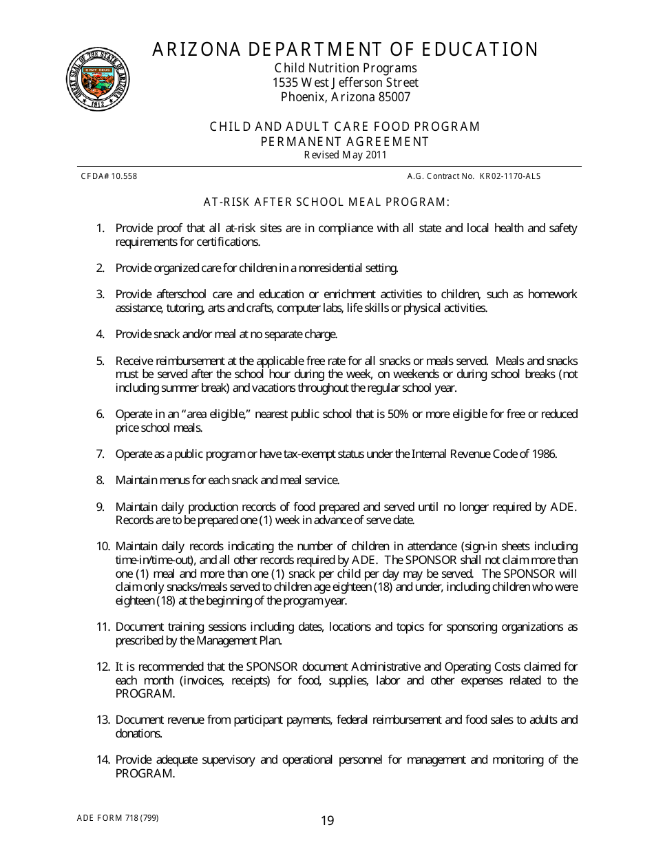 ADE Form 718 Child and Adult Care Food Program Permanent Agreement - Arizona, Page 19