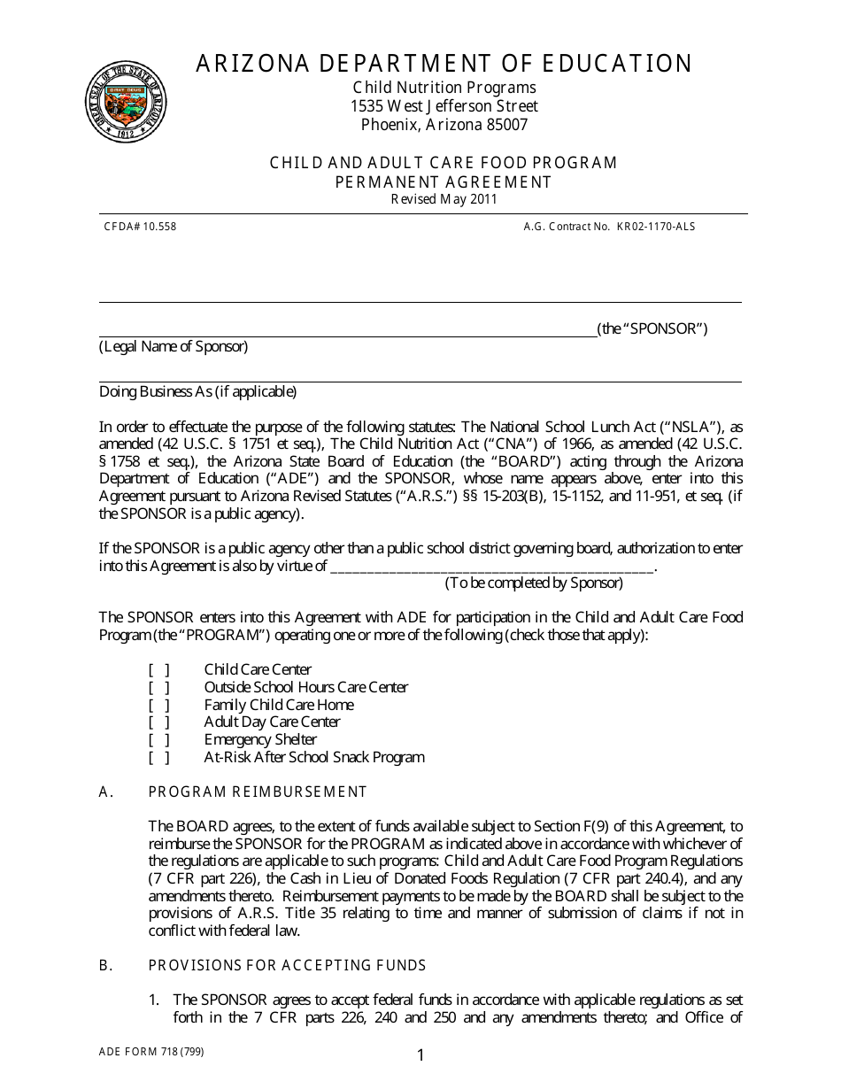 ADE Form 718 Child and Adult Care Food Program Permanent Agreement - Arizona, Page 1