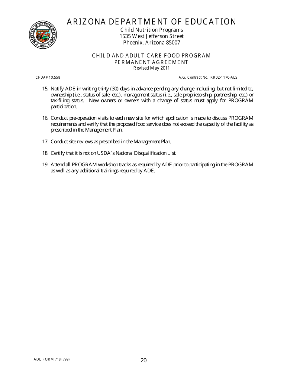 ADE Form 718 Child and Adult Care Food Program Permanent Agreement - Arizona, Page 20