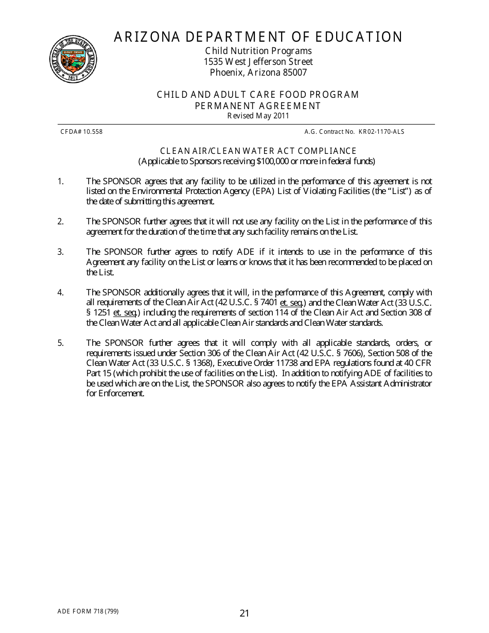 ADE Form 718 Child and Adult Care Food Program Permanent Agreement - Arizona, Page 21
