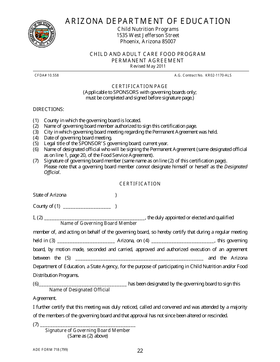 ADE Form 718 Child and Adult Care Food Program Permanent Agreement - Arizona, Page 22
