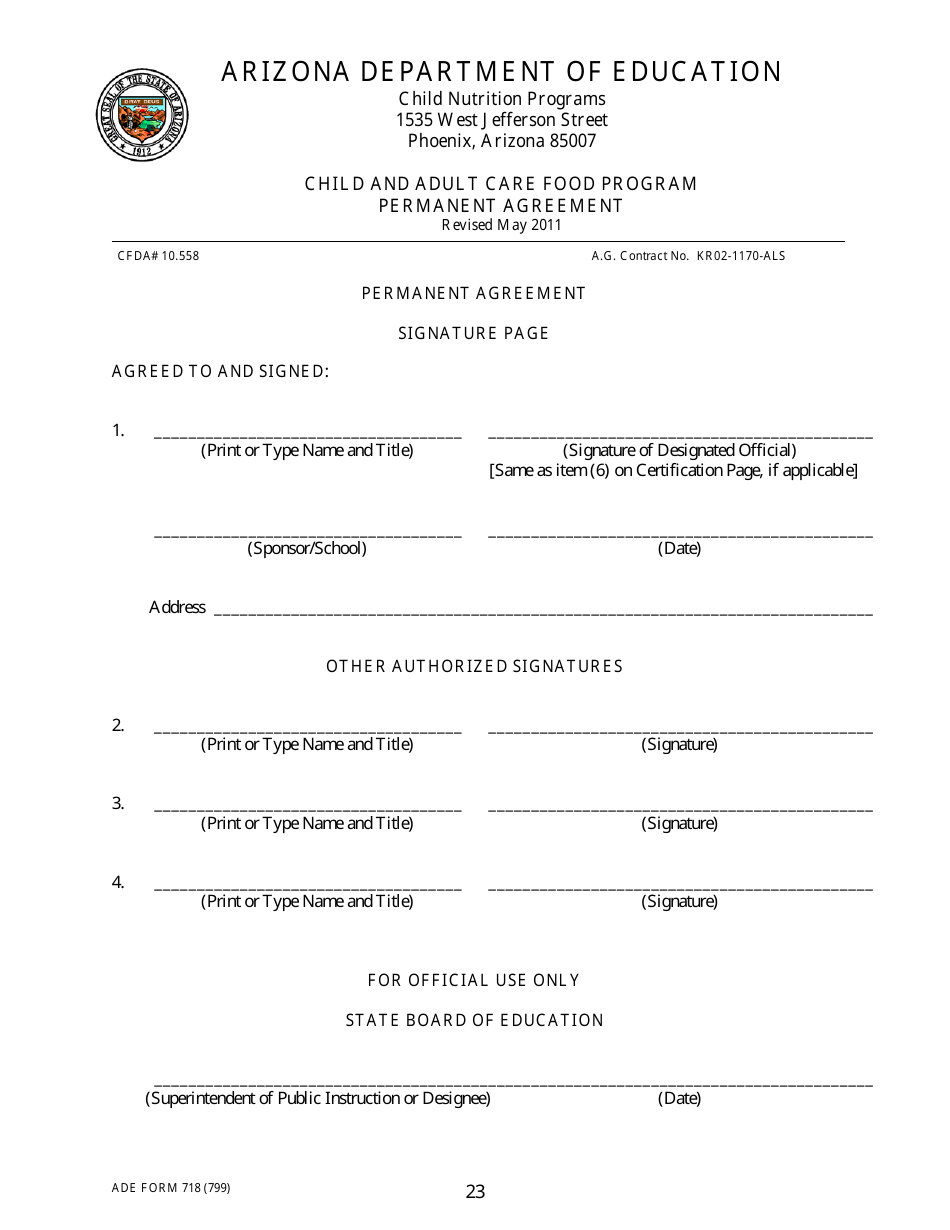 ADE Form 718 Child and Adult Care Food Program Permanent Agreement - Arizona, Page 23