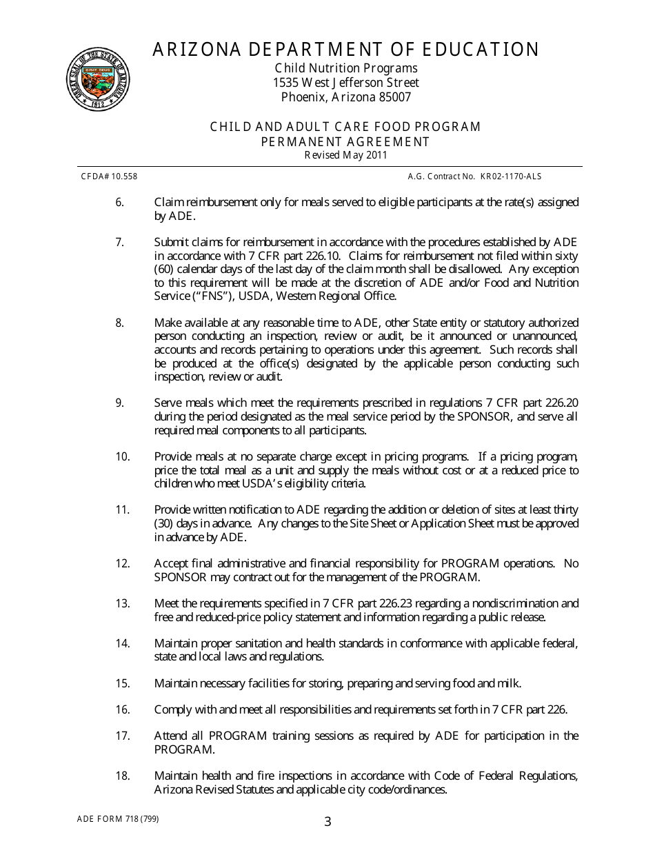 ADE Form 718 Child and Adult Care Food Program Permanent Agreement - Arizona, Page 3