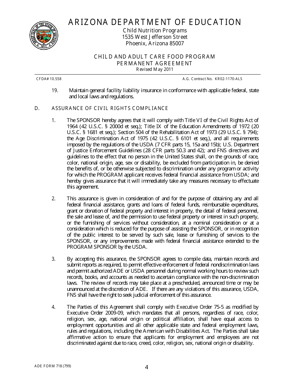 ADE Form 718 Child and Adult Care Food Program Permanent Agreement - Arizona, Page 4