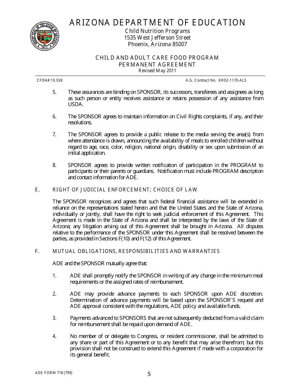 ADE Form 718 Child and Adult Care Food Program Permanent Agreement - Arizona, Page 5