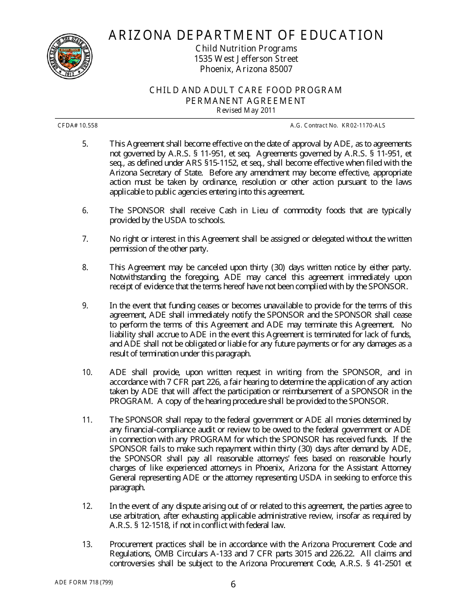 ADE Form 718 Child and Adult Care Food Program Permanent Agreement - Arizona, Page 6