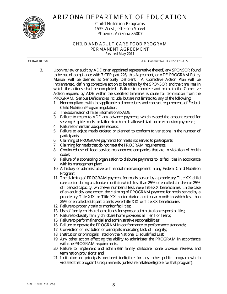 ADE Form 718 Child and Adult Care Food Program Permanent Agreement - Arizona, Page 8