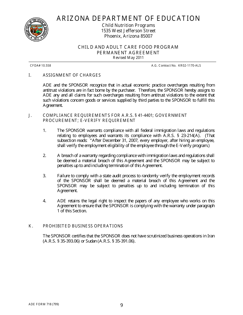 ADE Form 718 Child and Adult Care Food Program Permanent Agreement - Arizona, Page 9