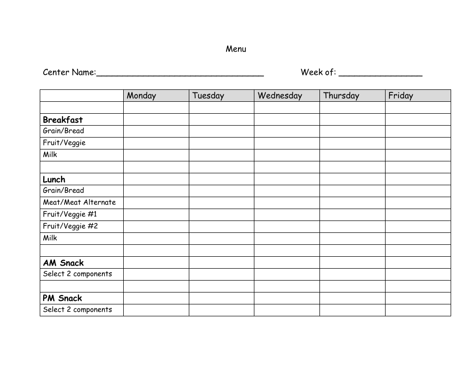 Weekly Menu Template Breakfast, Lunch, Am & Pm Snack Download
