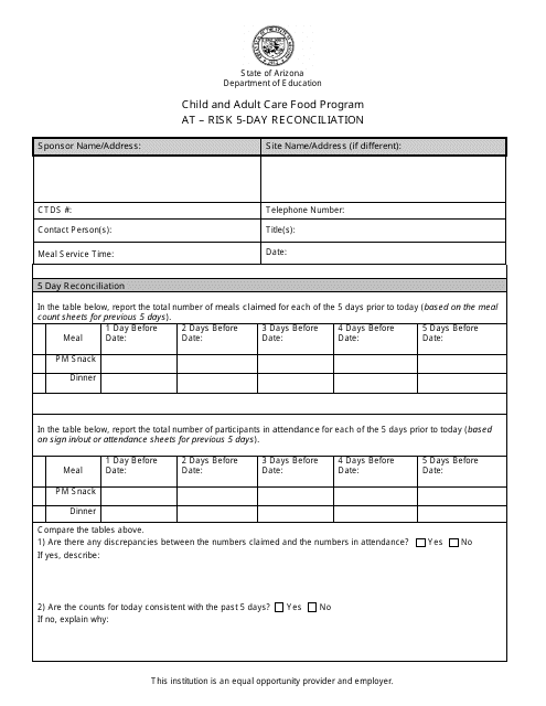 "Child and Adult Care Food Program at-Risk 5-day Reconciliation Form" - Arizona Download Pdf