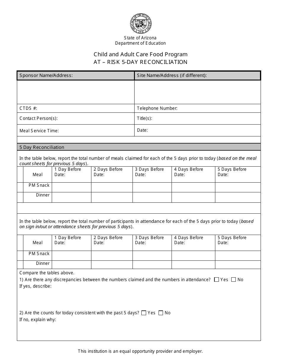 Child and Adult Care Food Program at-Risk 5-day Reconciliation Form - Arizona, Page 1
