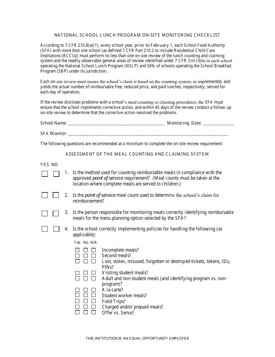 National School Lunch Program on-Site Monitoring Checklist - Arizona, Page 1