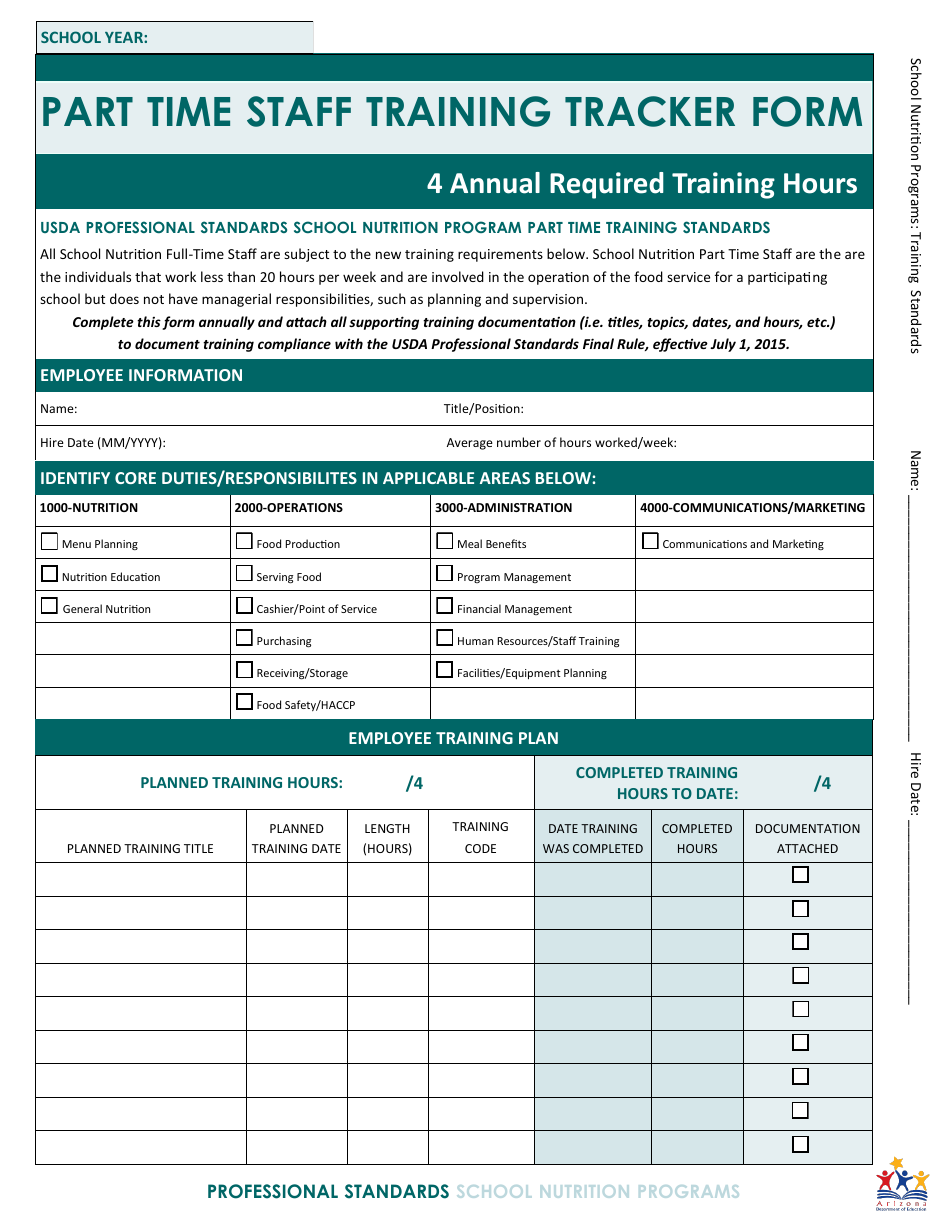 Part Time Staff Training Tracker Form - Arizona, Page 1