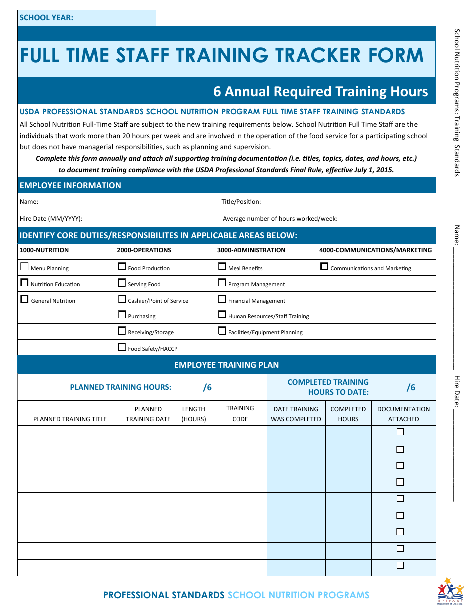 Full Time Staff Training Tracker Form - Arizona, Page 1