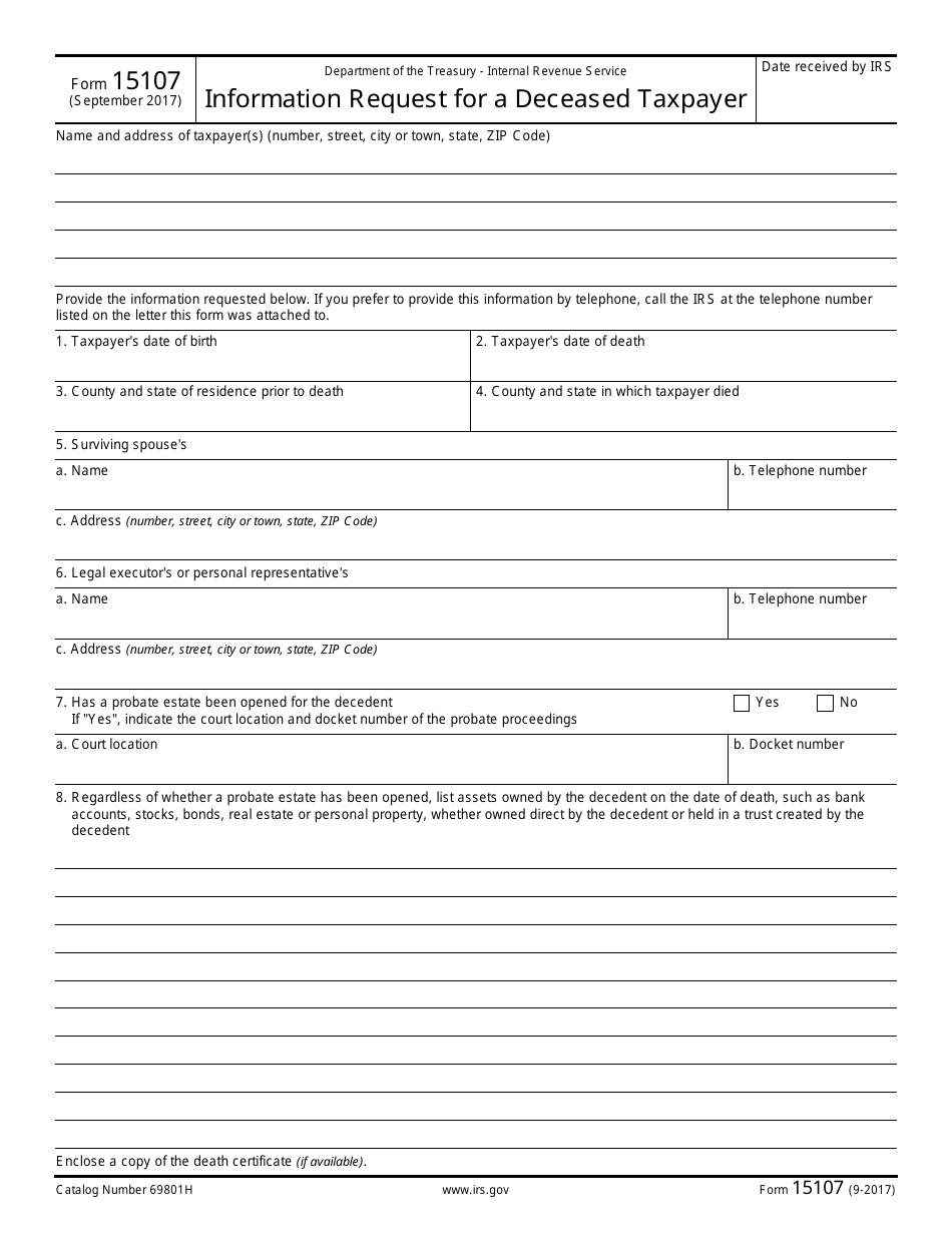 IRS Form 15107 Information Request for a Deceased Taxpayer, Page 1