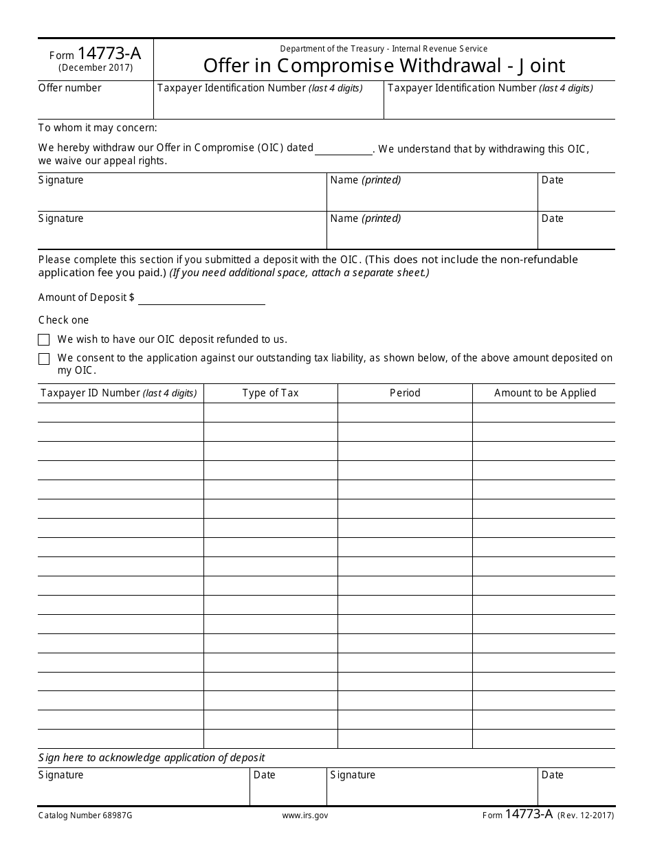 IRS Form 14773-A Offer in Compromise Withdrawal - Joint, Page 1