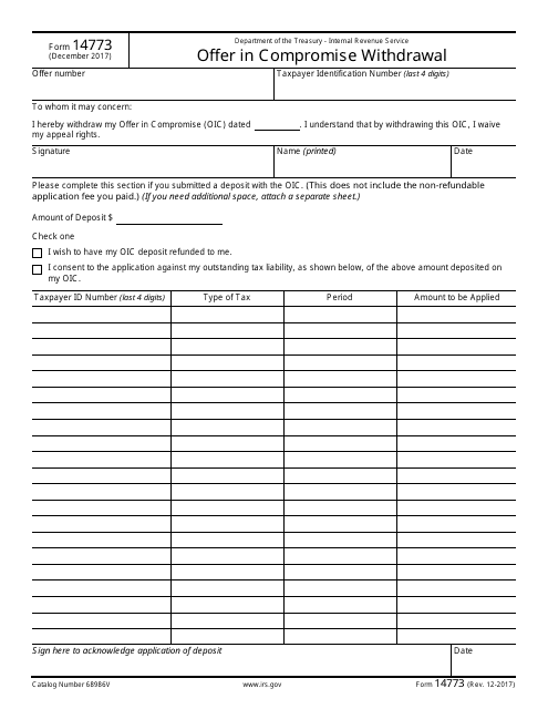 IRS Form 14773 Offer in Compromise Withdrawal