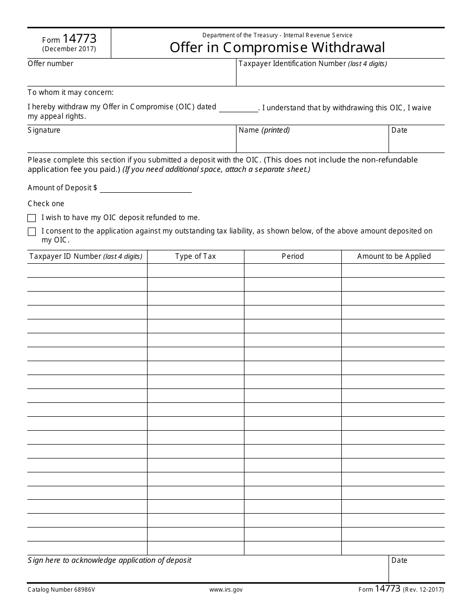 IRS Form 14773 Offer in Compromise Withdrawal, Page 1