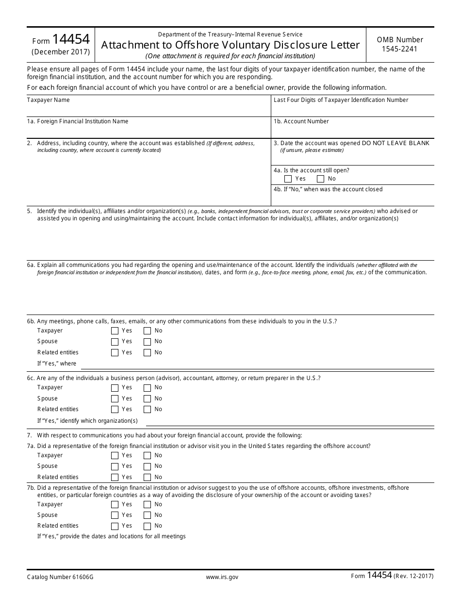 IRS Form 14454 Attachment to Offshore Voluntary Disclosure Letter, Page 1