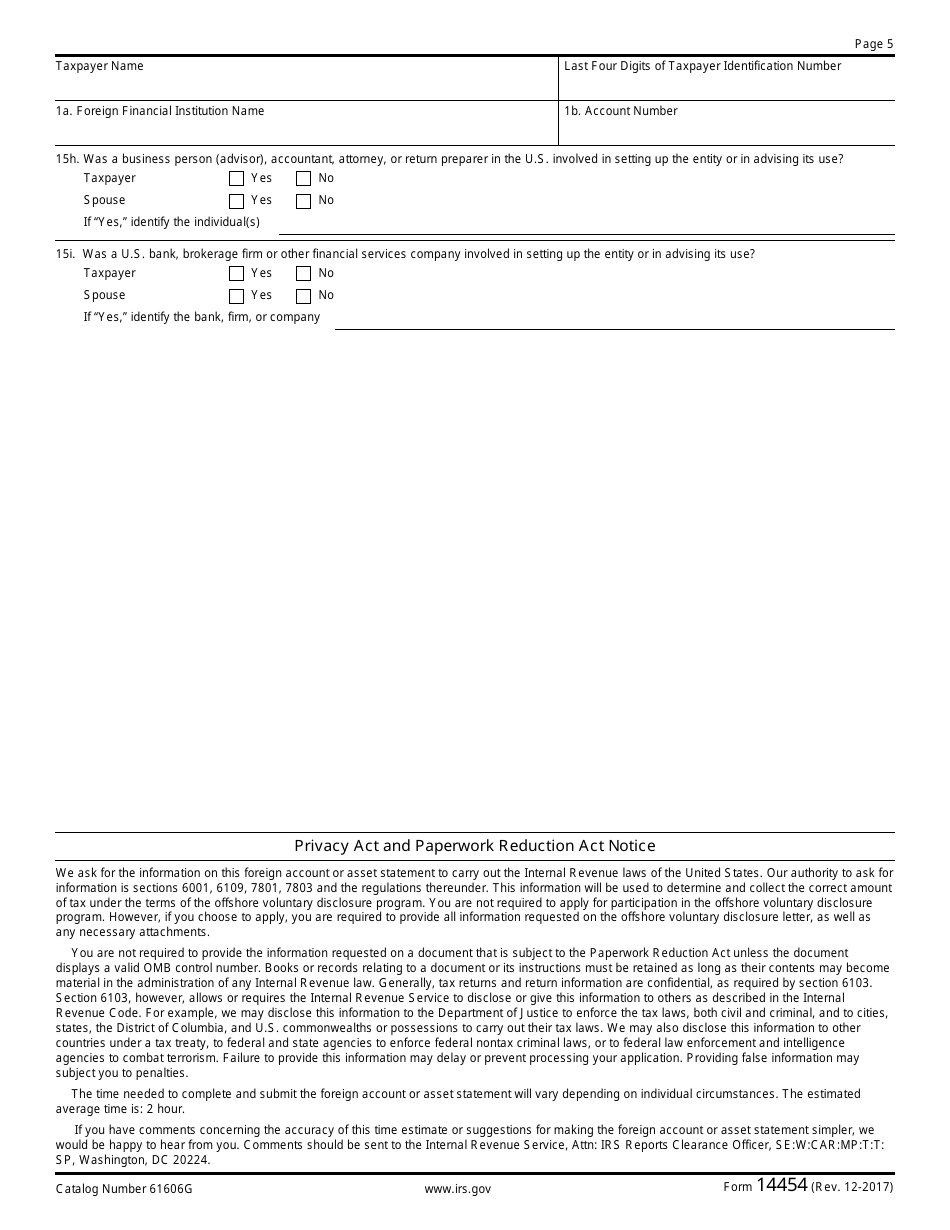IRS Form 14454 Attachment to Offshore Voluntary Disclosure Letter, Page 5