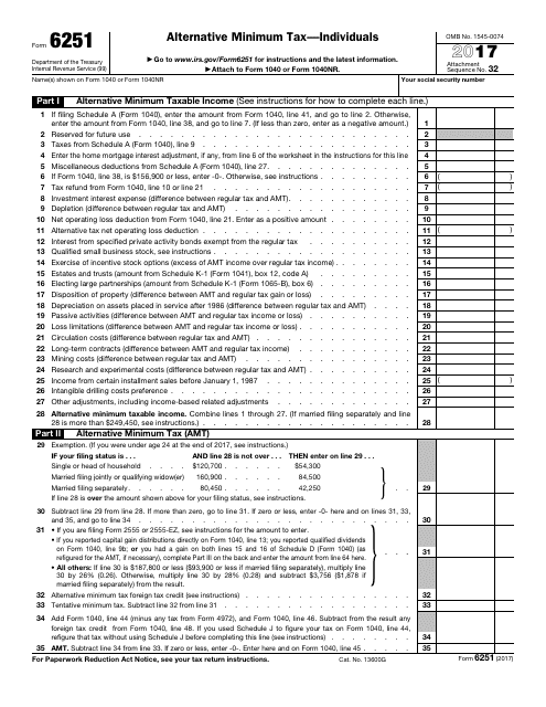 IRS Form 6251 Download Fillable PDF 2017, Alternative Minimum Tax