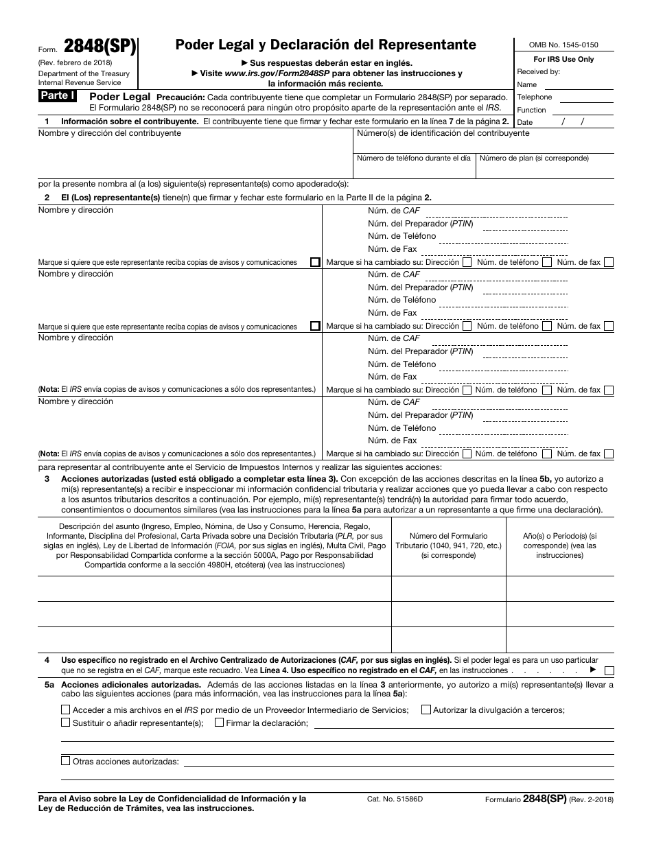 IRS Formulario 2848(SP) Poder Legal Y Declaracion Del Representante (Spanish), Page 1