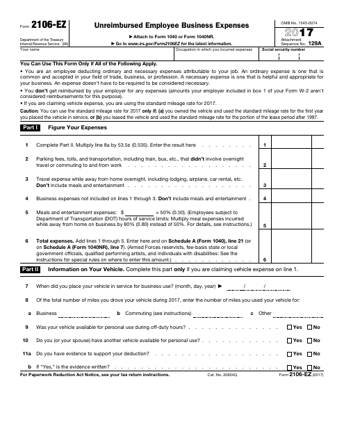 IRS Form 2106-EZ  Printable Pdf