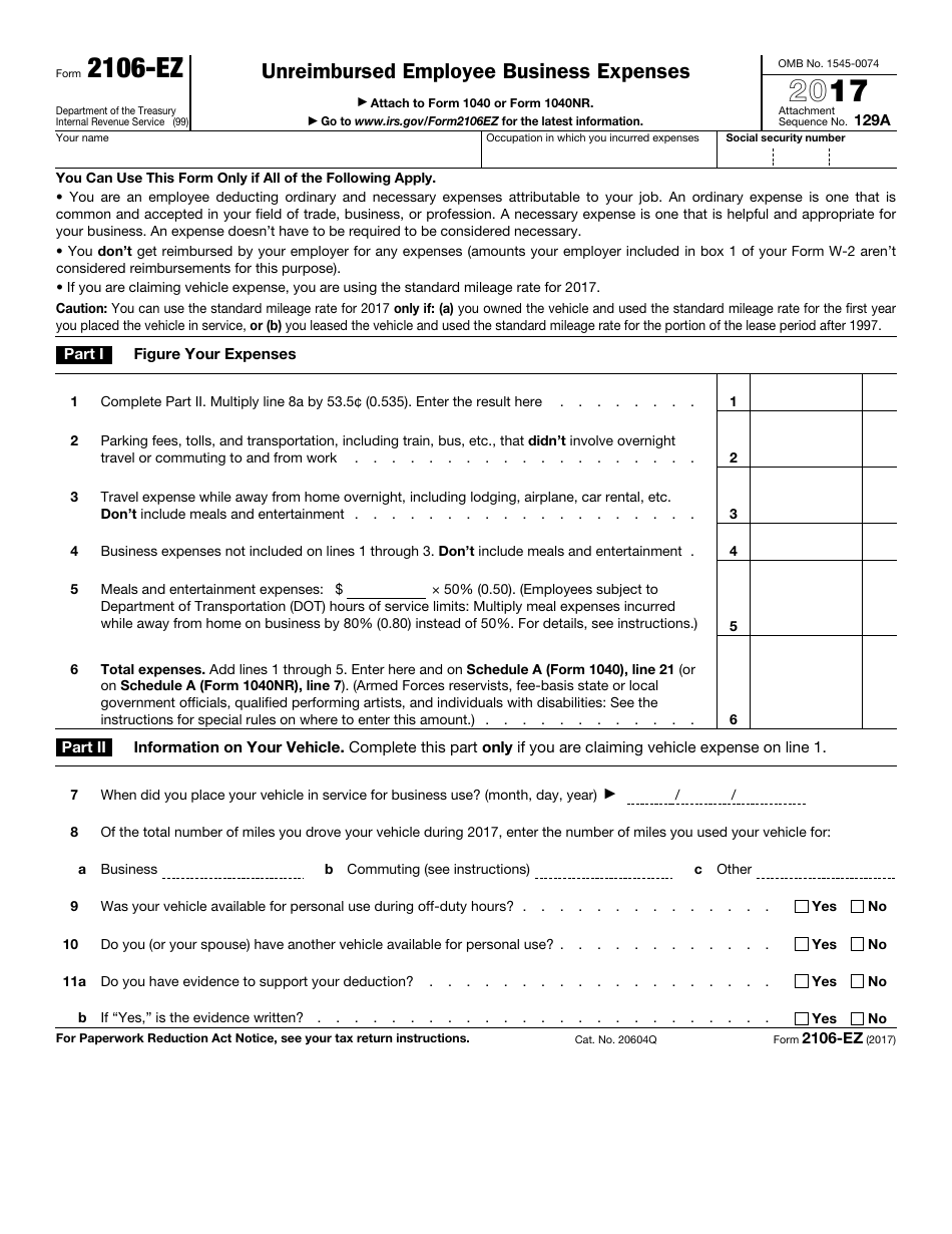 IRS Form 2106-EZ Unreimbursed Employee Business Expenses, Page 1