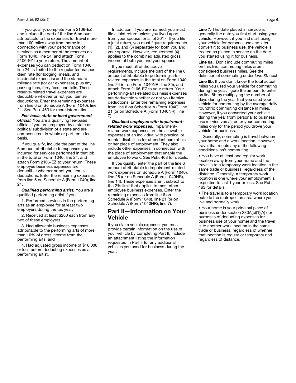 IRS Form 2106-EZ Unreimbursed Employee Business Expenses, Page 4