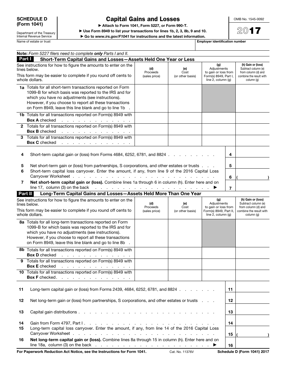 IRS Form 1041 Schedule D - 2017 - Fill Out, Sign Online and Download