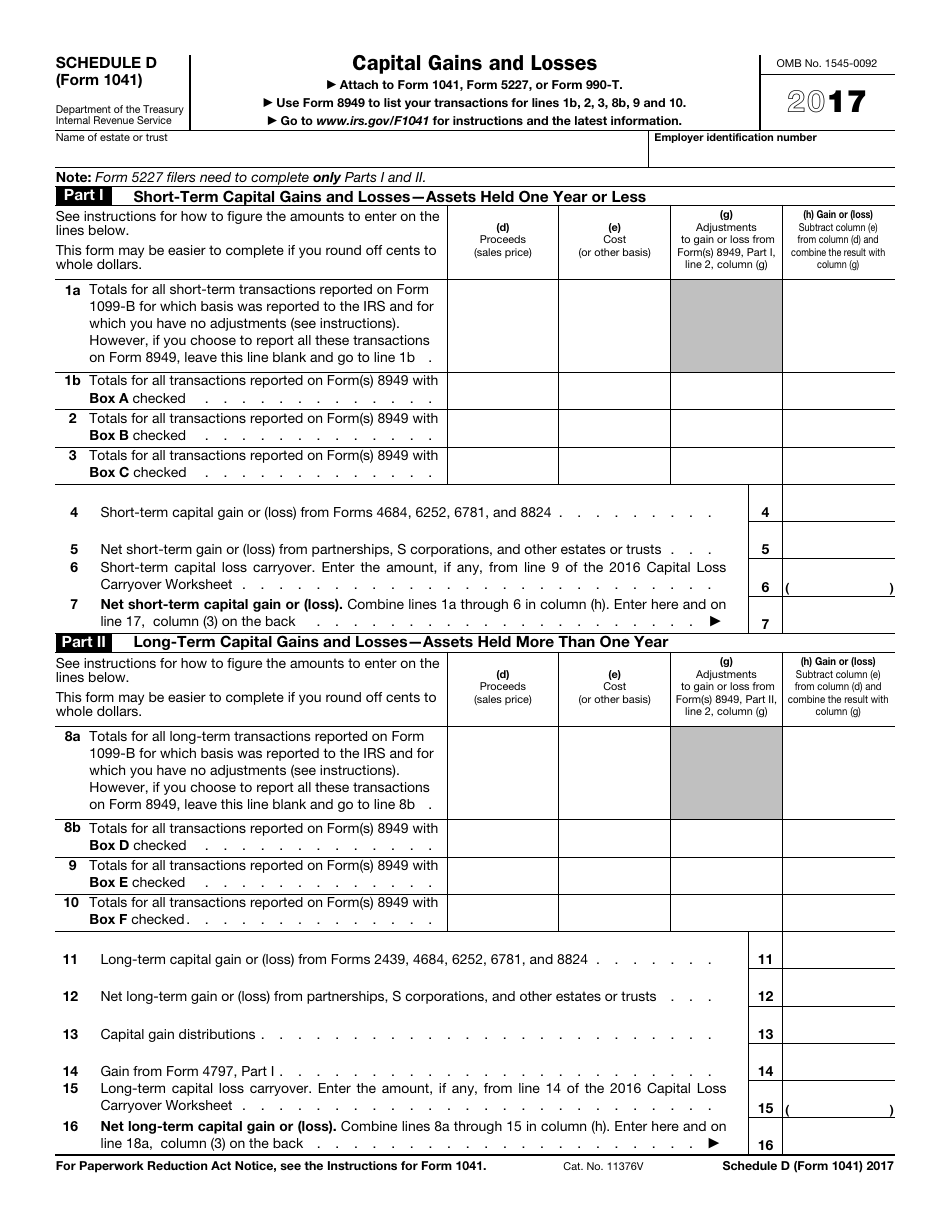 IRS Form 1041 Schedule D Capital Gains and Losses, Page 1