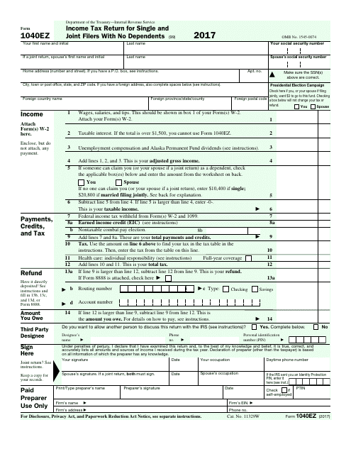 Irs Form 1040ez Download Fillable Pdf Or Fill Online Income Tax Return For Single And Joint Filers With No Dependents Templateroller
