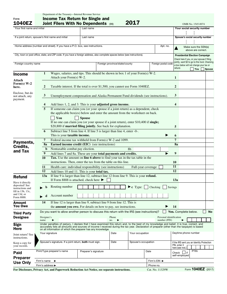 IRS Form 1040EZ Income Tax Return for Single and Joint Filers With No Dependents, Page 1